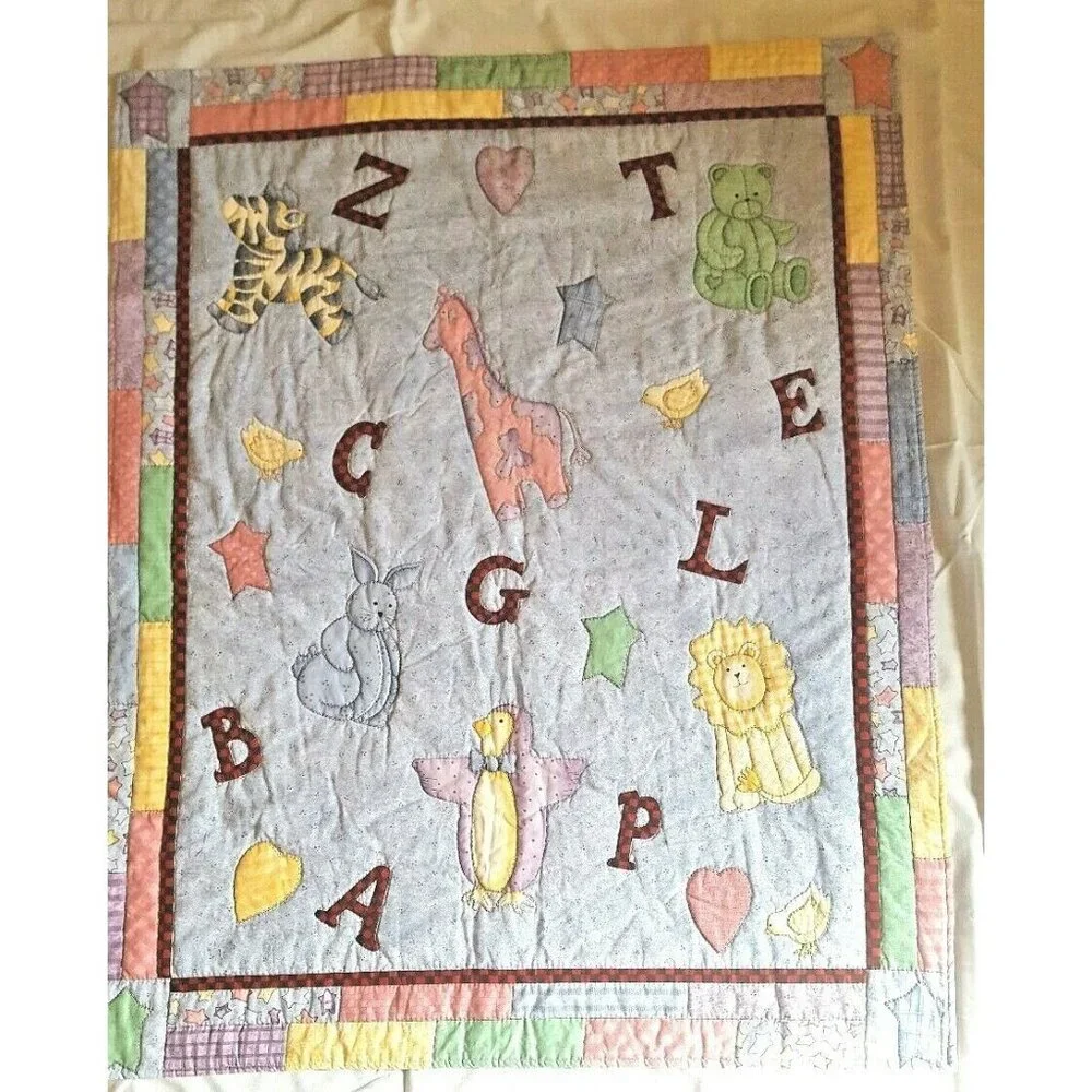 Baby Quilt Throw Crib Alphabet Zoo Animals Blue Pink Bear Lion Rabbit Stitched 3